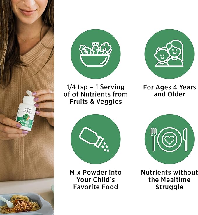Matys Organic Picky Kids Green Blend, Veggie Powder Supplement, Picky Eater Vitamins for Kids 4 Years +, Superfoods Vegetable Powder for Meals & Smoothies with Spinach, Kale, Broccoli, 1.6 Ounces