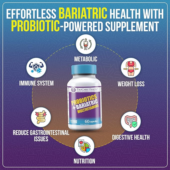 ProCare Health Probiotic Bariatric Multivitamin with Iron 45mg (60 Count) - 15 Billion CFU Bariatric Probiotic Fast Dissolving Veggie Capsules to Support Gut and Immune Health in Bariatric Patients