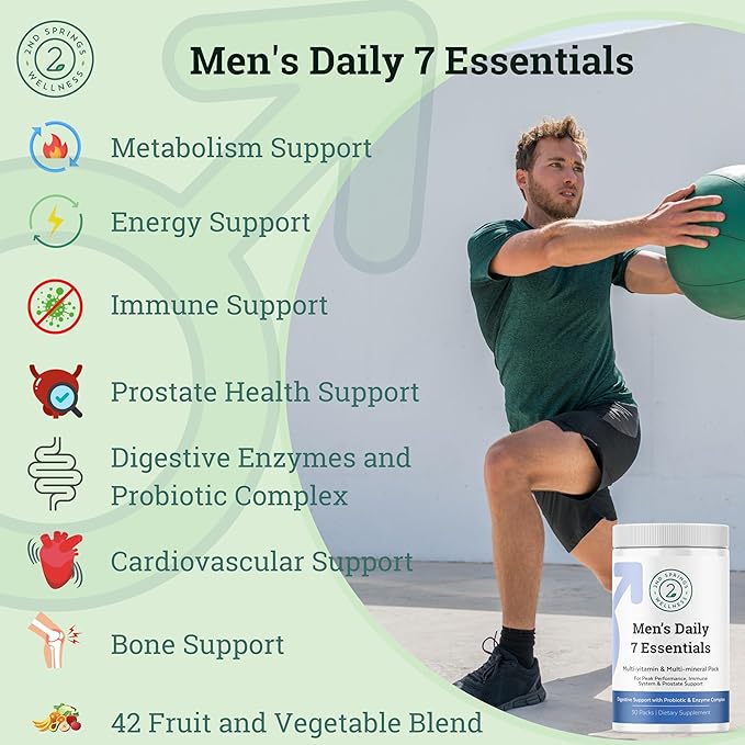 Daily 7 Essentials Men's Vitamin Pack - 7 Pack Adult Male Multivitamin & Multimineral Pack for Energy, Metabolism, Immune System Support, Prostate Support with Probiotic, Digestive Enzymes
