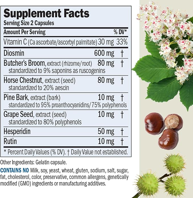 ANDREW LESSMAN Circulation & Vein Support for Healthy Legs 60 Capsules - High Bioactivity Diosmin, Butcher's Broom, Visibly Reduces Swelling & Discomfort in Feet, Ankles, Calves, Legs