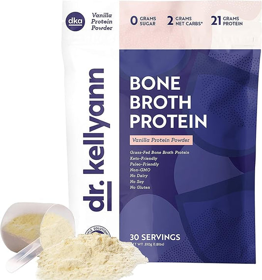 Dr. Kellyann Bone Broth Protein Powder Vanilla (30 Servings) – 21g Protein, Grass-Fed Collagen, Sugar-Free, Keto & Paleo-Friendly, 1 Pack