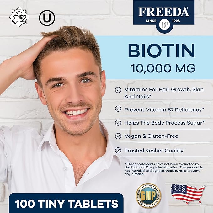 Freeda Biotin 10000 mcg - Kosher Biotin 10000mcg Hair Skin and Nails Vitamins for Hair Growth - Biotin Pills Hair Growth Vitamins B7 - Superior Biotin Supplement Hair Vitamins for Women & Men (100 Ct)