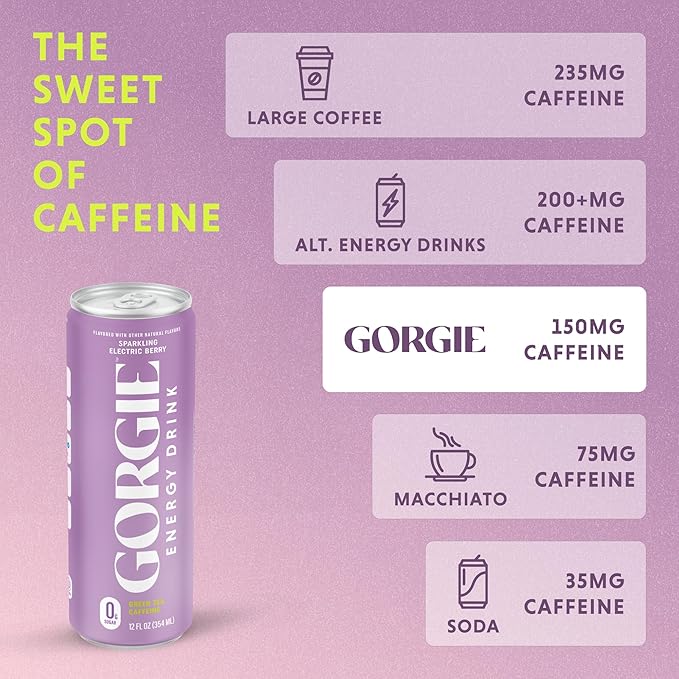 GORGIE Sugar Free Natural Energy Drinks, Sparkling Electric Berry (12 Pack) - Healthy Energy Drinks - Natural Coffee Replacement with Green Tea Caffeine and Biotin - 150mg Caffeine, Vegan, Low Calorie