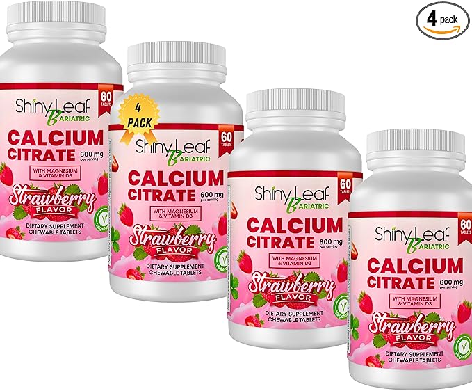 Shiny Leaf Bariatric Calcium Citrate 600mg - Supplement for Bariatric Surgery Patients, 60 Ct Chewable Tablets with Magnesium, Vitamin D3, Natural Strawberry Flavor, Vegetarian (4 Months)