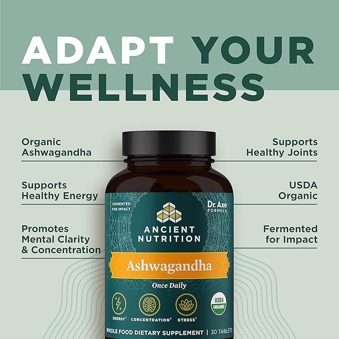 Ashwagandha Tablets by Ancient Nutrition, Stress Relief, Supports Energy, Mental Clarity and Concentration, Reduces Fatigue and Anxiousness, Paleo and Keto Friendly, 30 Capsules