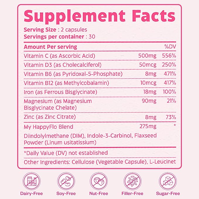 PMS Support Supplement for Women with Iron, PMS Relief Hormone Support for Women, 10-in-1 PMDD Supplements for Women | DIM & I3C Indole-3-Carbinol for Cramp Relief, Heavy Flow - 60 Caps