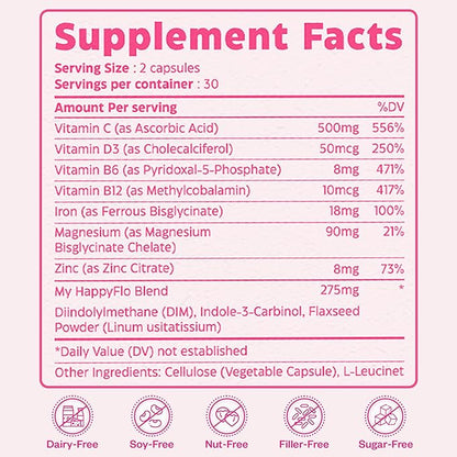 PMS Support Supplement for Women with Iron, PMS Relief Hormone Support for Women, 10-in-1 PMDD Supplements for Women | DIM & I3C Indole-3-Carbinol for Cramp Relief, Heavy Flow - 60 Caps