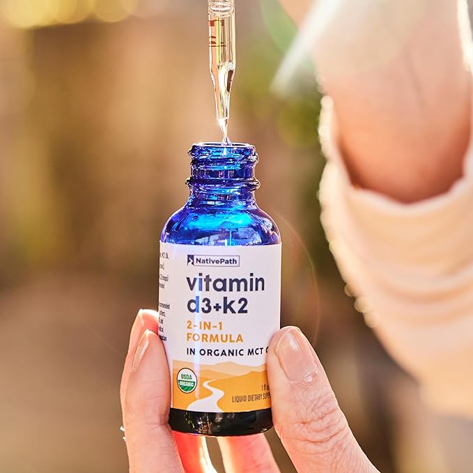 NativePath D3K2 Tincture - 1000IU Vitamin D3 and Vitamin K2 Supplement with Organic MCT Oil - 1 Fluid Ounce - Rapid Bioavailability Multi-Vitamin for Bone Strength and Total Body Wellness, 30 Servings