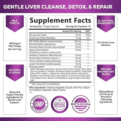 Gentle Liver Cleanse Detox & Repair Formula - Herbal Liver Support Supplement: Milk Thistle with Silymarin, Artichoke Extract, Dandelion, Beet, Chicory Root, & Turmeric for Liver Health - 120 Capsules