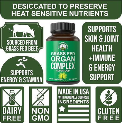 Peak Performance Grass Fed Beef Organ Complex from New Zealand (180 Capsules) Desiccated Organs Superfood Pills. GrassFed Beef Liver Capsules with Heart, Kidney, Pancreas, Spleen. Supplement