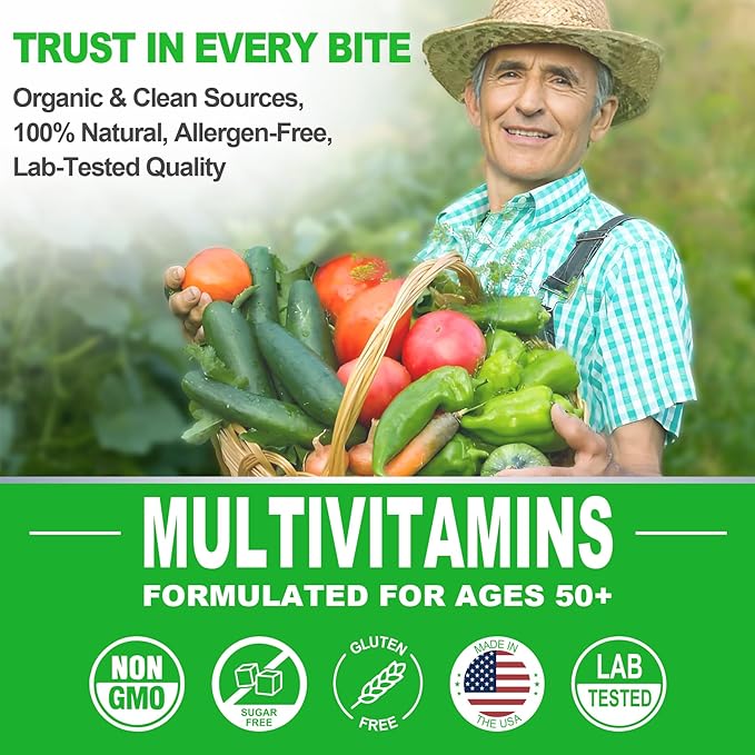 Multivitamin For Men 50 + Plus, Sugar Free Men Multivitamins Gummies w/Omega-3, Coq10, D3k2, Calcium, Magnesium, Zinc, Vitamins A, C & E, Mens Vitamins for 𝖧𝖾❤𝖱𝗍, Antioxidant, Brain, Bone, 60cts