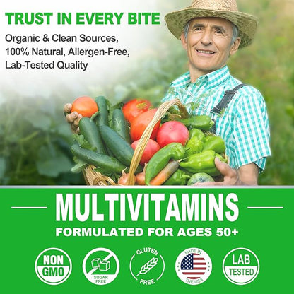 Multivitamin For Men 50 + Plus, Sugar Free Men Multivitamins Gummies w/Omega-3, Coq10, D3k2, Calcium, Magnesium, Zinc, Vitamins A, C & E, Mens Vitamins for 𝖧𝖾❤𝖱𝗍, Antioxidant, Brain, Bone, 60cts