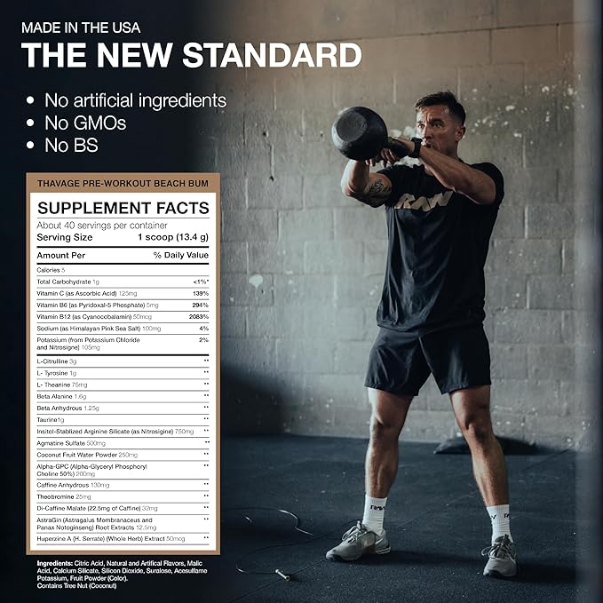 RAW Preworkout Powder, Thavage (Beach Bum) - Chris Bumstead Sports Nutrition Supplement for Men & Women - Cbum Pre Workout for Working Out, Hydration, Mental Focus & Energy - 40 Servings