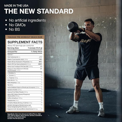 RAW Preworkout Powder, Thavage (Beach Bum) - Chris Bumstead Sports Nutrition Supplement for Men & Women - Cbum Pre Workout for Working Out, Hydration, Mental Focus & Energy - 40 Servings