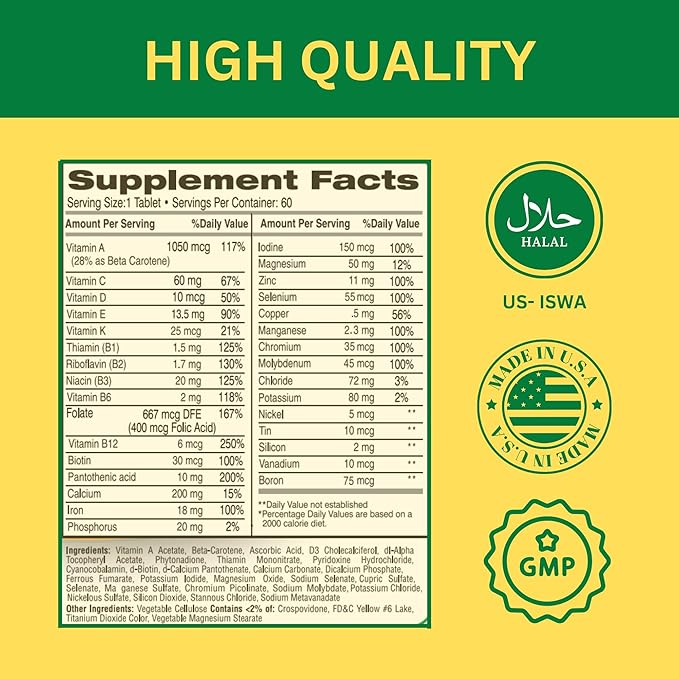 Greenfield Nutritions Halal Multivitamins for Women and Men - 60 Gelatin Free Multivitamin Tablets with 27+ Vitamin Minerals, A, B12, C, D3, Iron and Zinc - Supports Immunity Bone and Overall Health