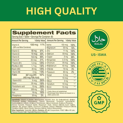Greenfield Nutritions Halal Multivitamins for Women and Men - 60 Gelatin Free Multivitamin Tablets with 27+ Vitamin Minerals, A, B12, C, D3, Iron and Zinc - Supports Immunity Bone and Overall Health