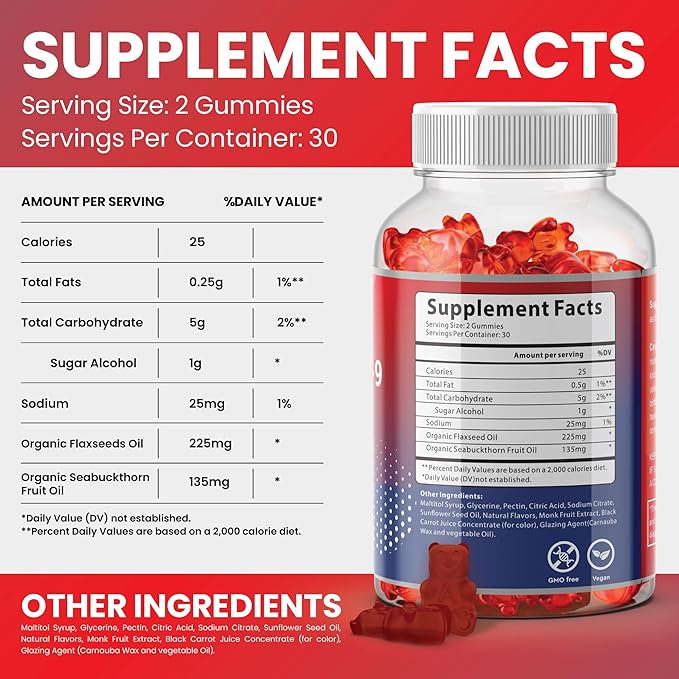 Omega 3 Gummies with Omegas 6, 7, 9, DHA & EPA - Sugar-Free Supplement for Brain, Heart, Eyes & Immune System (Mixed Fruits)