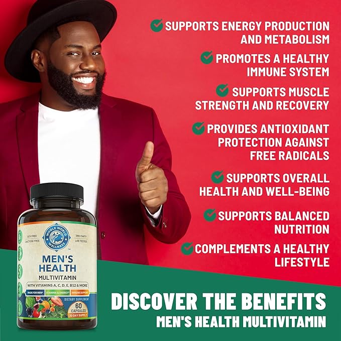 Mens Daily Multivitamin Multimineral Supplement for Energy, Focus, Stamina & Performance. Made for Men with 30+ Nutrients, Fruit & Energy Blend. Mens Vitamins USA Made 60 Capsules