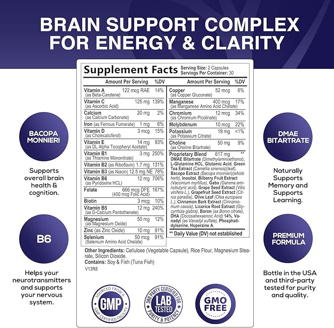 Nootropic Brain Supplements for Memory and Focus - 40 Nootropics & Vitamins to Support Clarity & Concentration, Brain Health Memory Pills with Phosphatidylserine Bacopa Huperzine & DMAE - 60 Capsules