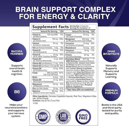 Nootropic Brain Supplements for Memory and Focus - 40 Nootropics & Vitamins to Support Clarity & Concentration, Brain Health Memory Pills with Phosphatidylserine Bacopa Huperzine & DMAE - 60 Capsules