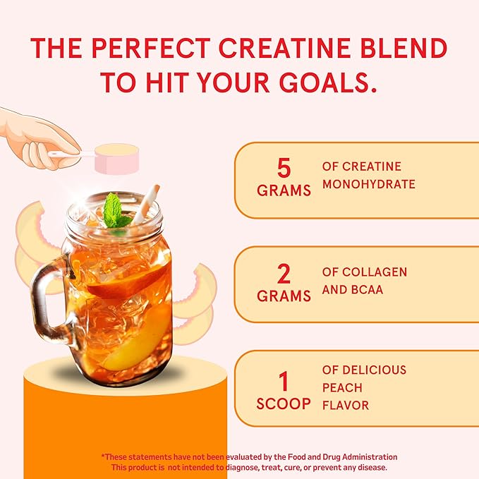 Creatine Monohydrate Powder, Glute Builder Creatine for Women with Collagen, BCAAs, 5g Vegan Micronized Creatine per Serving, for Energy, Muscle Support, 30 SVG, Peach Flavor