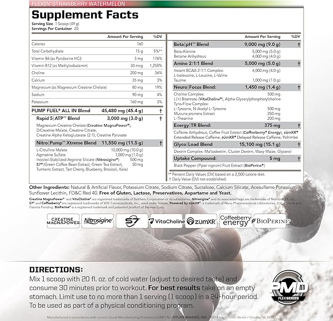 PMD Sports Pump Fuel All in Insanity - Ultimate Muscle Pump Supplement & Pre Workout Powder - Maximum Energy and Focus with Premium Creatine, Beta Alanine & More - Strawberry Watermelon (20 Servings)