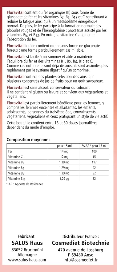 Floradix Floravital Liquid Iron & Vitamins Formula - Liquid Iron Supplement with B Complex Vitamins, Vitamin C & Herbs for Energy Support - Vegan, Gluten-Free, Yeast- Free, Non-GMO - 23 fl oz