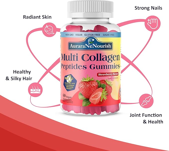 Multi Collagen Peptides Gummies, Sugar Free Hydrolyzed 5000mg Protein丨Type I,II,III,V,X with Biotin Hyaluronic Acid Vitamin C A D B6 B12 L-Glutathione for Skin Hair Nail Joint Bone -Strawberry Gummies