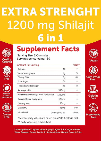 Lunakai USA Made Pure Shilajit Gummies 1200mg with Ashwagandha, Chaga, Vitamin C & D3 - Himalayan Shilajit for Men & Women, Energy & Vitality, 60ct