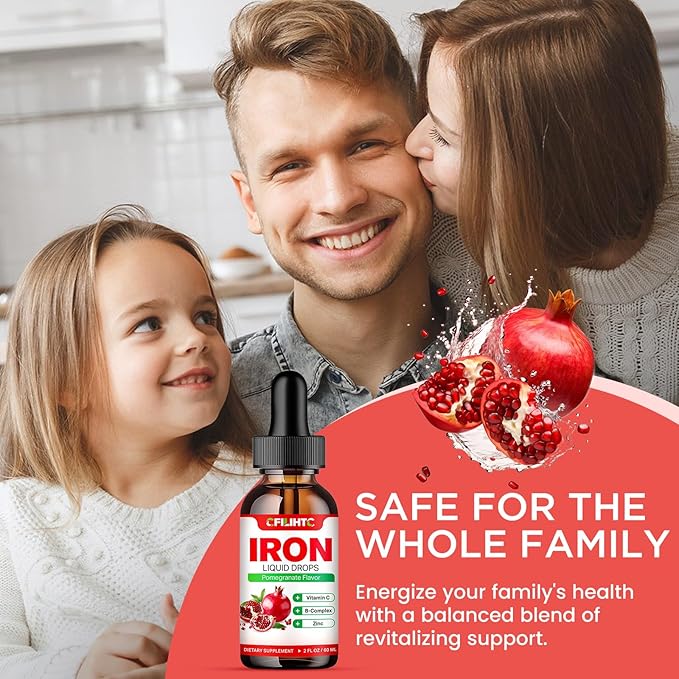 Liquid Iron Supplement for Women Men & Kids Multivitamin Iron Drops with Folate, Vitamin C, B6, B12, Zinc for Anemia, Iron Deficiency, Blood Builder, Energy - Natural Pomegranate Flavor, Vegan 2 Fl Oz
