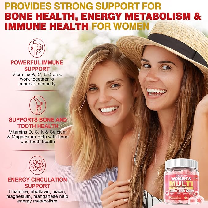 NEVISS Womens Multivitamin Gummies, Sugar-Free Methylated Multivitamin for Women/w Omega-3, Enzymes & Probiotic, Calcium, Vitamin C, D3, Folate, Biotin, Inositol - Skin, Hair Growth, All Over Health.