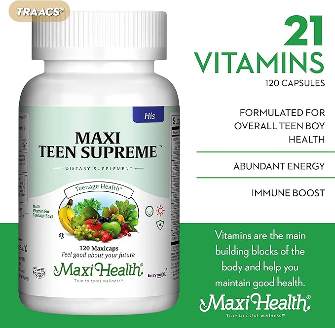 Maxi Health Teen Supreme HIS Vitamins for Teen Boys (120) - Teen Multivitamin for Young Men Ages 12 17 - Daily Teen Vitamins for Nutrition, Energy, Immune Support, Antioxidants & Teen Boy Needs
