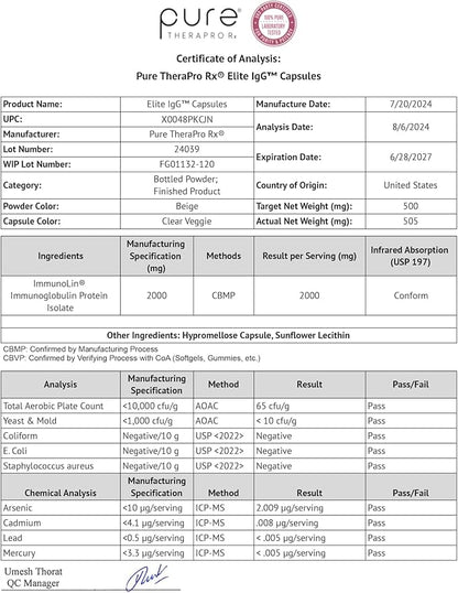 Pure Therapro Rx Elite IgG Immunoglobulin Supplement | 1100+ mg IgG, IGA & IgM Serum Derived Immunoglobulins (SBI) | Colostrum Supplement Alternative | Gluten, Dairy & GMO Free (60 Capsules)