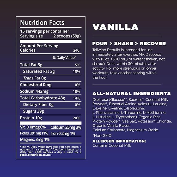 Tailwind Nutrition Recovery Mix, Complete Protein, Carbohydrates, and Electrolytes Powder Drink Mix for Post-Workout, Free of Gluten, Soy, and Dairy, Vegan, 12 Servings, Vanilla