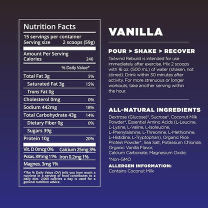 Tailwind Nutrition Recovery Mix, Complete Protein, Carbohydrates, and Electrolytes Powder Drink Mix for Post-Workout, Free of Gluten, Soy, and Dairy, Vegan, 12 Servings, Vanilla