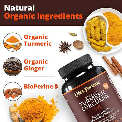 Life's Fortune Organic Turmeric Curcumin with Black Pepper and Ginger, Enhanced Absorption, Extra Strength Supplement, Joint & Immune Support, Non-GMO, 180 Cap - 2250mg