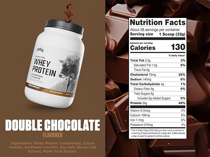 Levels Grass Fed Whey Protein Powder, No Artificials, 24G of Protein, Double Chocolate, 2LB