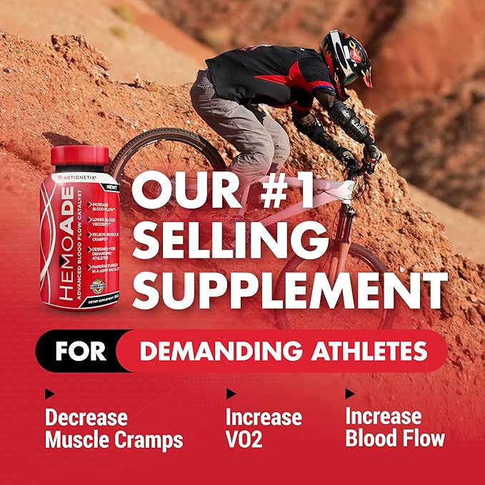 HemoAde Advanced Blood Flow Catalyst, Muscle Cramp Defense, Increase VO2, Endurance Supplement, Athletic Performance Supplements, Running Supplement, Mountain Bike Supplement, 60 Capsules
