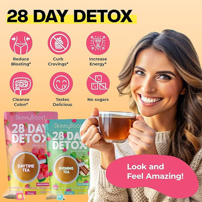 SkinnyBoost 28 Day Detox Tea Kit-1 Daytime Hibiscus (28 Bags) 1 Evening Apple Cinnamon(14 Bags) Non GMO, Vegan, All Natural, Green Tea and Herbal Teas for Natural Detox and Cleanse, Reduce Bloating