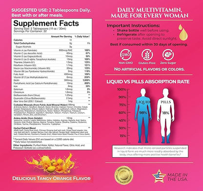 Premium Liquid Multivitamin for Women | Sugar Free Women’s Multivitamin | 100+ Vitamins, Minerals & Herbs Promote Anti-Aging, Heart, Brain & Bone Health |98% Absorption Rate | Non-GMO | 32 Serv