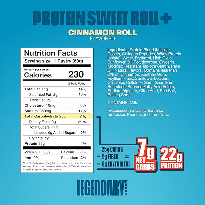 Legendary Foods 22 gram High Protein Sweet Roll+ Bars Premium Boosted - Low Carb Meal Replacement Snack Bar - 10 Gluten Free Protein Snacks - Healthy Keto Snack Box - Low Sugar Diabetic Friendly
