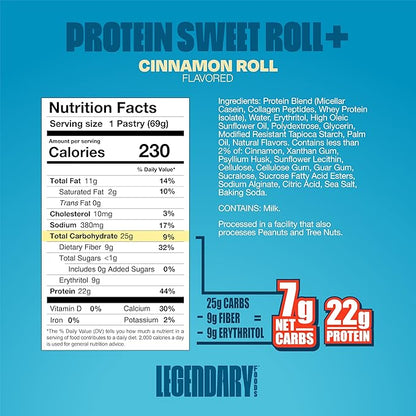 Legendary Foods 22 gram High Protein Sweet Roll+ Bars Premium Boosted - Low Carb Meal Replacement Snack Bar - 10 Gluten Free Protein Snacks - Healthy Keto Snack Box - Low Sugar Diabetic Friendly
