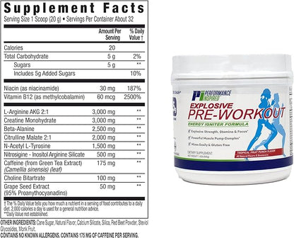 Performance Inspired Nutrition PreWorkout Powder - All Natural - G-Free & Vegan Formula - Contains Citrulline - Nitrosigine - Green Tea - Arginine - Beta Alanine - Tropical Fruit Punch - 32 Servings