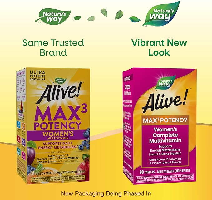 Nature's Way Alive! Max3 Potency Women's Complete Multivitamin, Supports Energy Metabolism, Heart & Bone Health*, with B-Vitamins Including Methylated B12 and Folate, 90 Tablets (Packaging May Vary)
