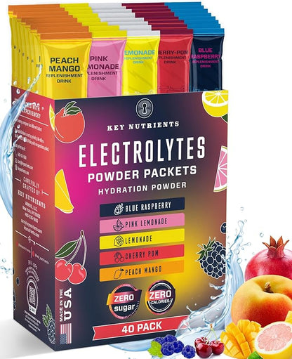 KEY NUTRIENTS 40 Pack Multivitamin Hydration Packets for Recovery - 5 Delicious Flavors - Electrolytes Powder Packets No Sugar - No Calories, Gluten Free, Keto - 40 Servings - Made in USA