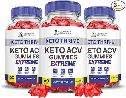 (3 Pack) Keto Thrive Keto ACV Gummies Extreme 2000MG Keto Thrive Keto Gummies Apple Cider Vinegar Formulated with Pomegranate Beet Juice Powder B12 Vegan Non GMO 180 Gummys