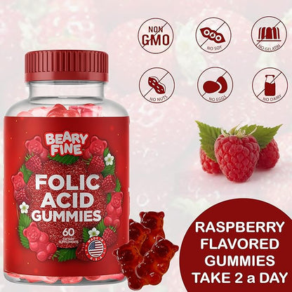 Folic Acid Gummies 400mcg - Essential Prenatal & Pregnancy Gummy for Women, Moms & Baby to Be - 60 Raspberry Flavored Folate Gummy Vitamins - Made in The USA