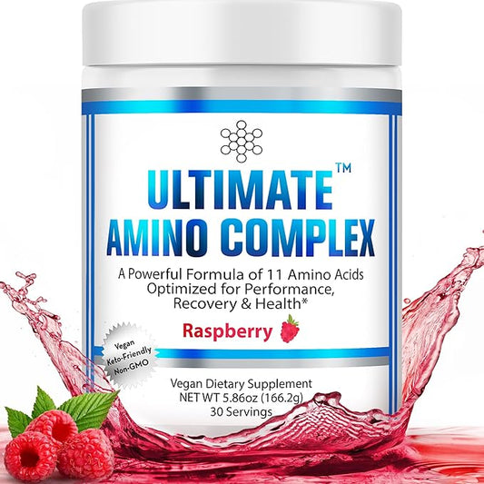 Ultimate Amino Complex Powder (Berry Flavor, 30 Servings, 4g Each) All 9 Essential Amino Acids Supplement with Cystine & Tyrosine - 2:1:1 BCAA Ratio - Energy, Lean Muscle & Recovery - Vegan & Non-GMO