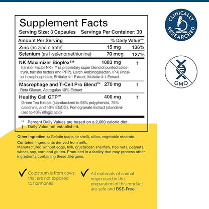 Researched Nutritionals Transfer Factor Multi-Immune - Complete Immune Support with Zinc, Beta Glucan, Mushrooms Supplement & Colostrum Capsules - Backed by Peer Reviewed Clinical Research (90 Count)