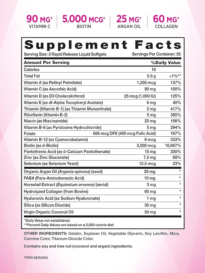 Nature's Truth Hair, Skin & Nails Vitamin | 5000mcg Biotin | 165 Softgels | with Collagen | Non-GMO & Gluten Free Supplement